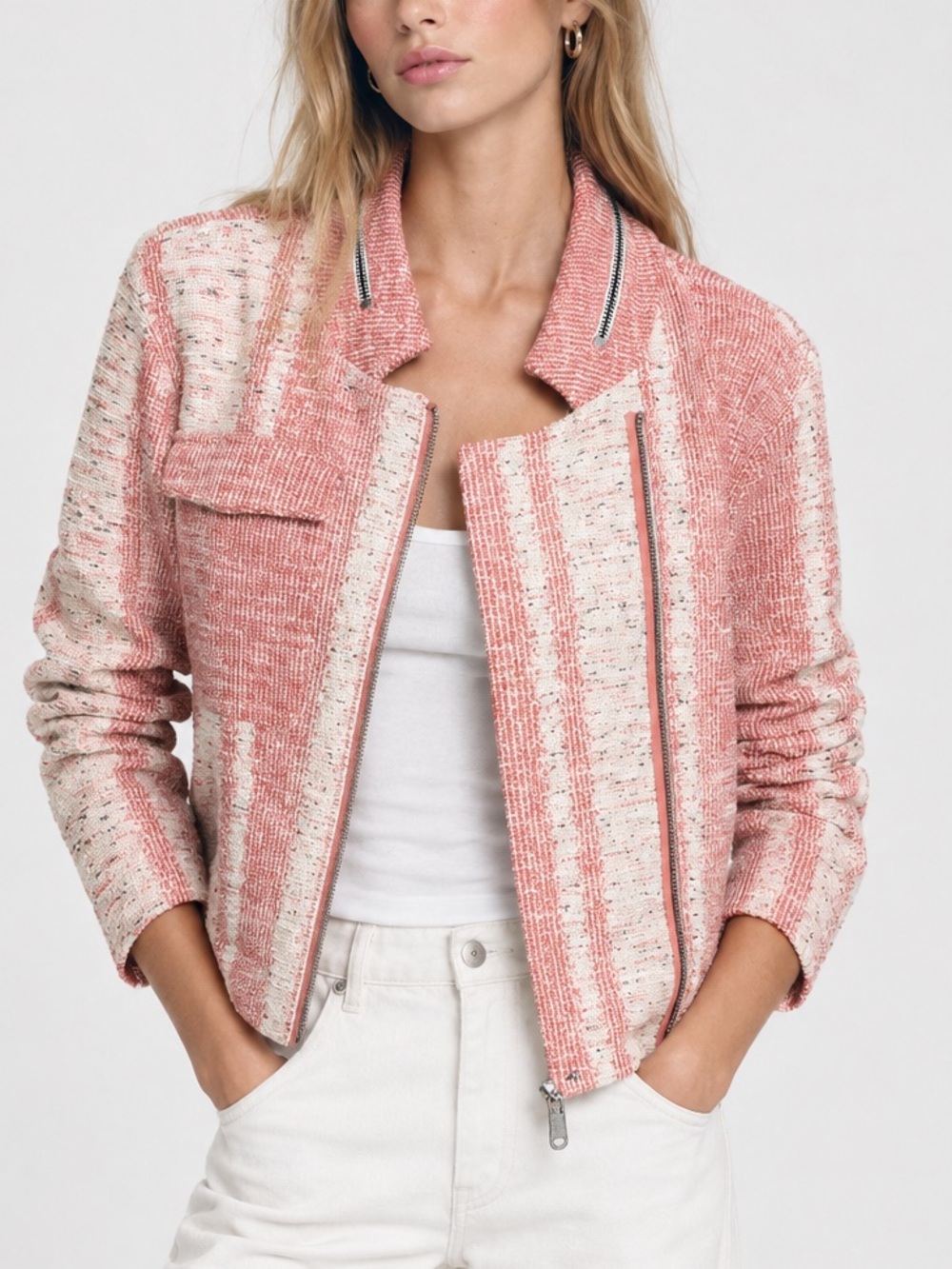 NWT NIC+ZOE Pink & Cream Textured Zip-Front Jacket